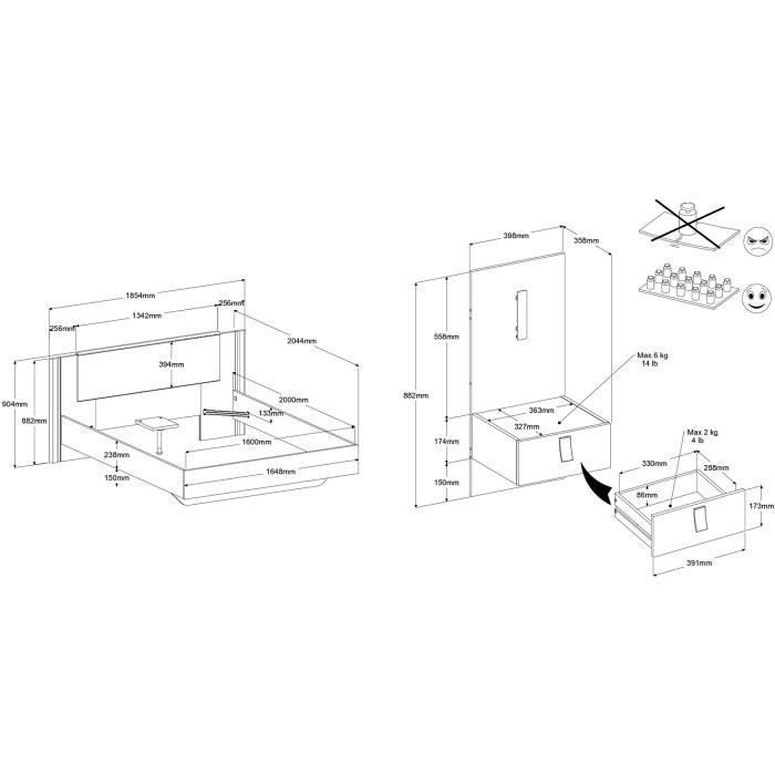 Cama doble para adultos con 2 mesitas de noche - KIERAN - 160 x 200 cm - Acabado roble/negro - PARISOT