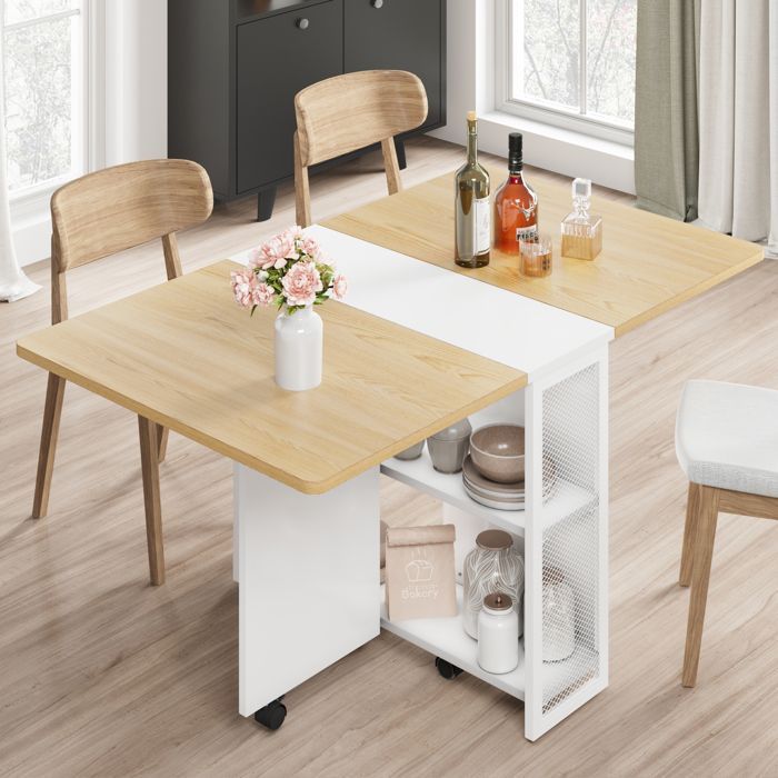 Mesa de comedor plegable para cocina, con ruedas y compartimento de almacenamiento - 120 x 80 x 75 cm