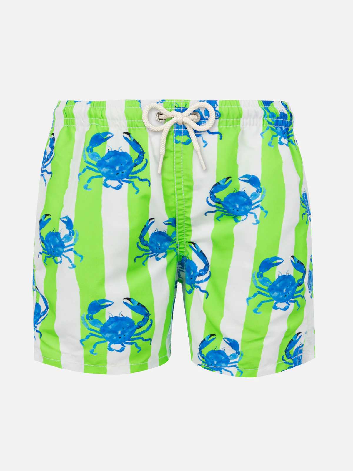 Costume da bagno da bambino con stampa a righe bianche e verdi e granc