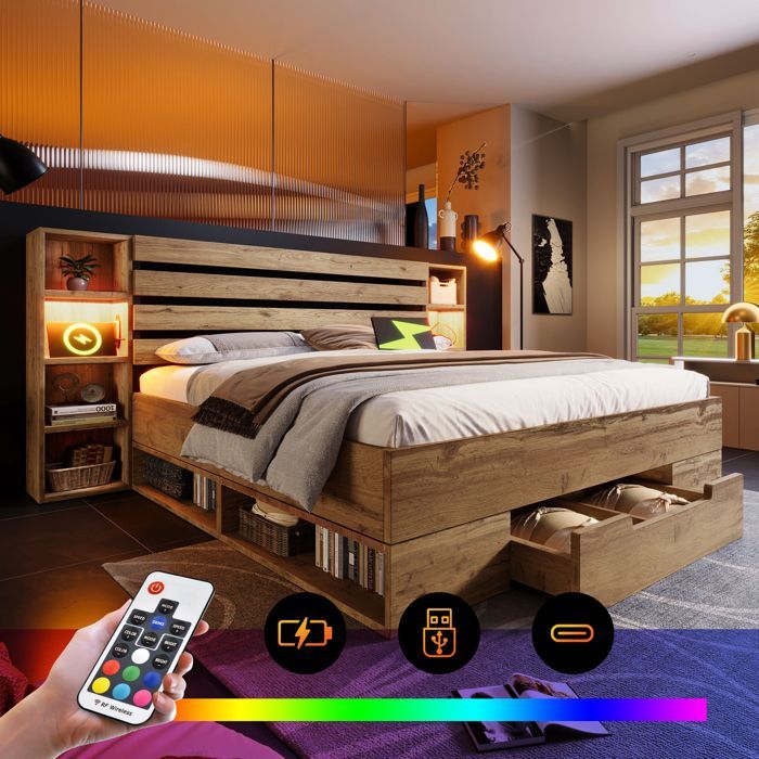 Cama industrial de 180x200 con somier de láminas, puertos LED y USB, cama doble con cabecero y cajones, estructura de madera de roble (colchón no incluido).