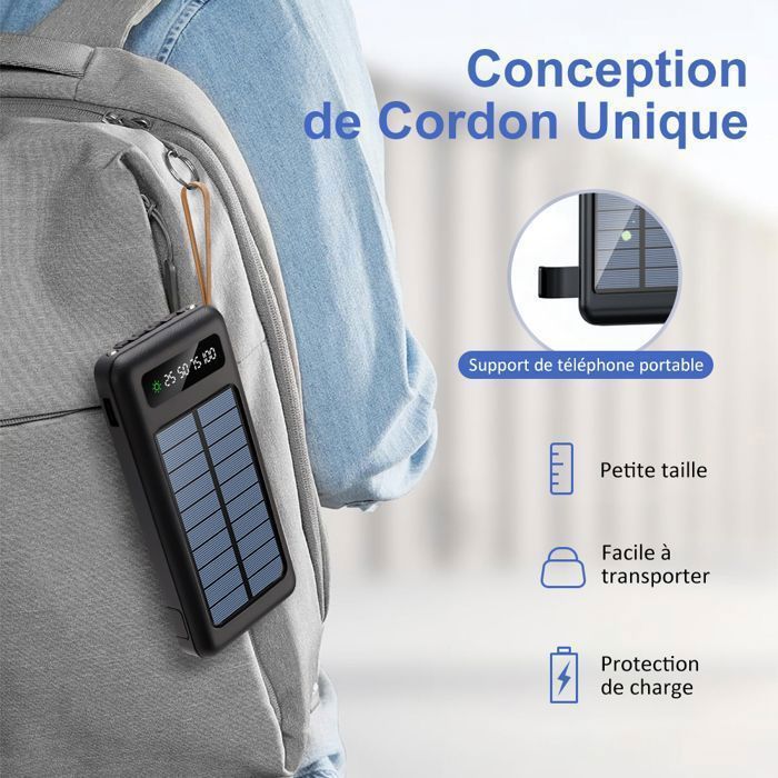Cargador solar Power Bank de 20000 mAh con 4 cables integrados, 6 salidas y 3 entradas, pantalla LED y lámpara.