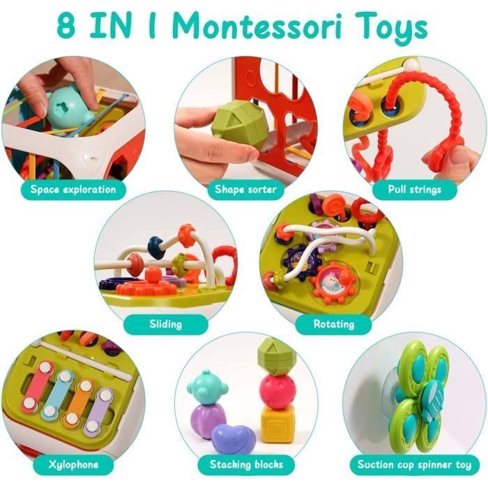 7 in 1 Montessori Sensoriel Jouets pour Bébé, Trieur de Formes, Cube d'activité Avec xylophone, Jouet de Corde à Tirer pour Enfants
