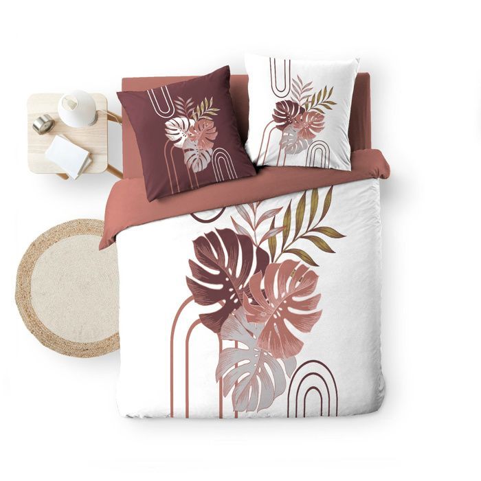 Funda nórdica ASTRIA de 240 x 220 cm – 100 % algodón, 42 hilos/cm² + 2 fundas de almohada de 63 x 63 cm, estampado tropical terracota/burdeos.