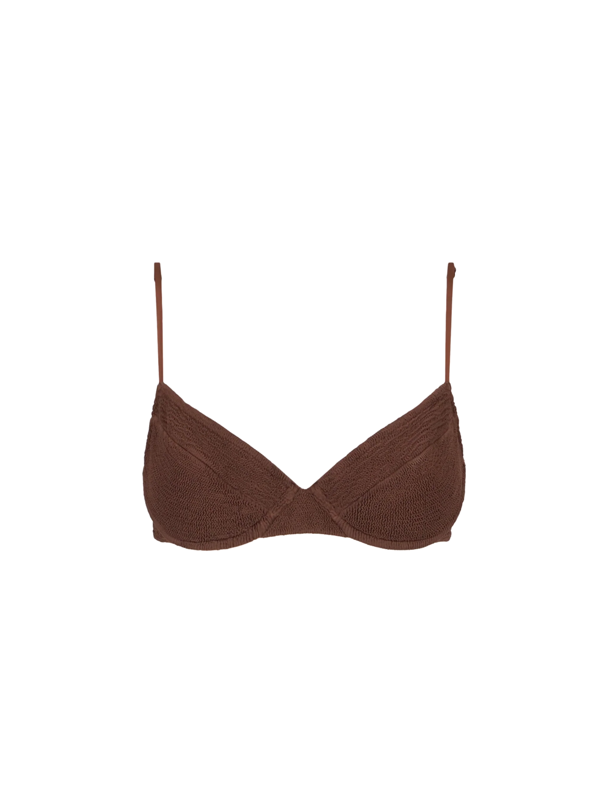 Traje de baño tipo bralette con aros y textura arrugada para mujer, color marrón.