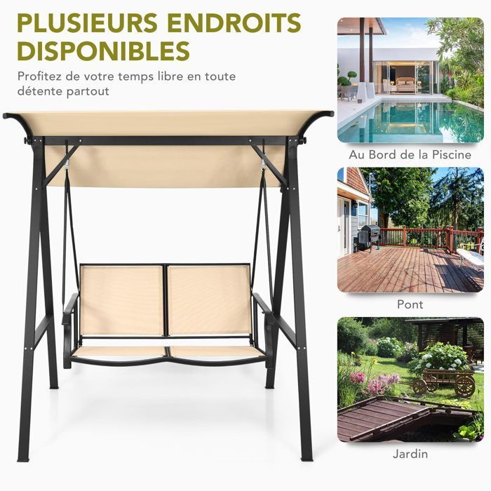 Silla colgante de 2 plazas DREAMADE con toldo ajustable, estructura metálica y asiento de tela, ganchos de resorte, para jardín, balcón o patio.