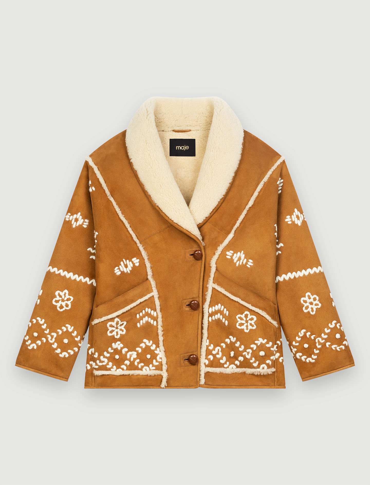 Palton din shearling complet brodat - Camel