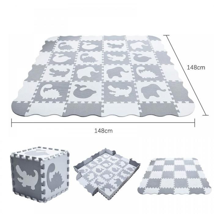 Set mit 16 Baby-Spielmatten mit Tiermotiven – ERROLVES – Spielbereich – Einzelstück 30 x 30 cm – Weiß und Grau