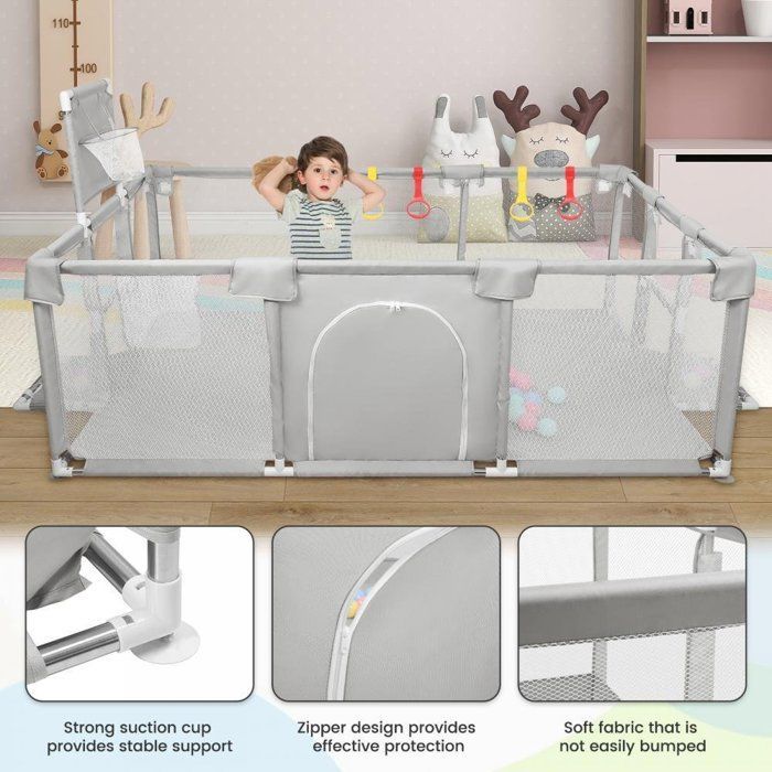 Parque infantil XUANYU, parque infantil modular plegable XXL con barreras/redes/pelota de playa/4 asas - Gris claro