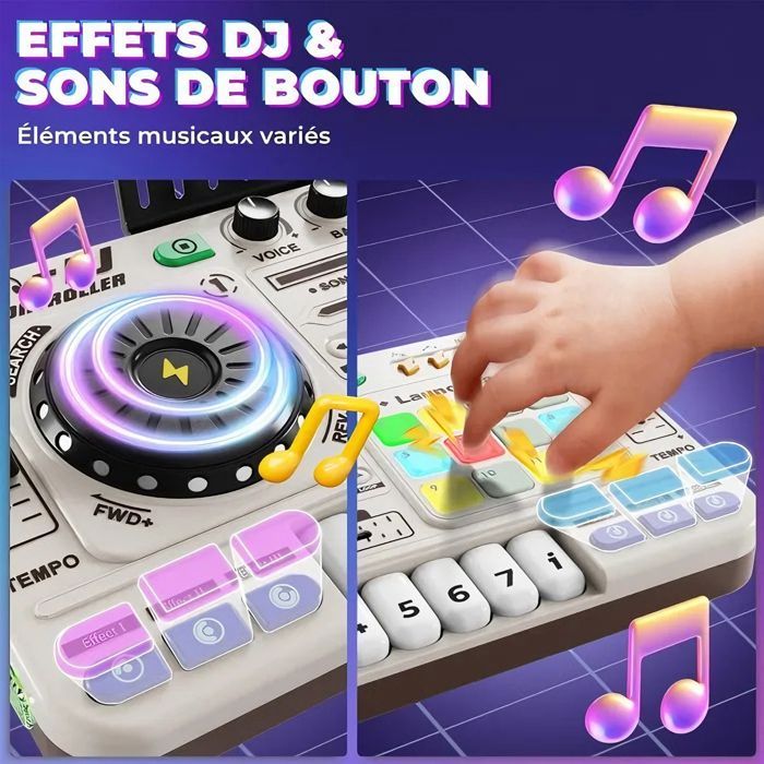 DJ Mixer Controller, DJ mixing console for children aged 3-10 years, with microphone, 100+ sound effects, musical toy with lights