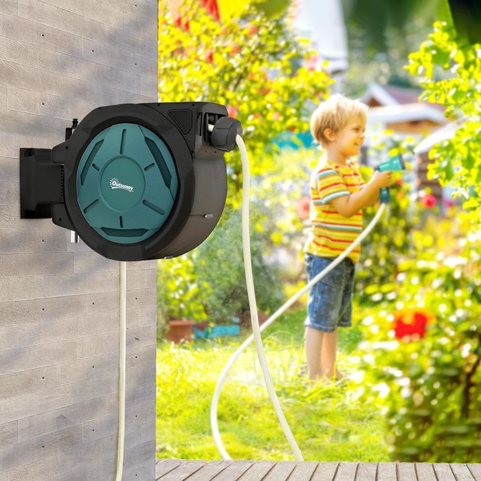 Wall-Mounted Hose Reel - Outsunny - 25m x 15mm Diameter - Automatic Retractable, 180° Swivel - 7-Mode Nozzle - Green