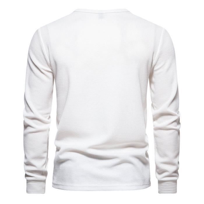 Men's Long Sleeve Henley Crew Neck T-Shirt, White - INSFITY - Regular Fit