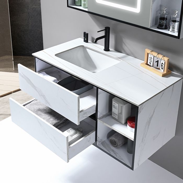Mobile bagno con lavabo singolo da 100 cm effetto marmo bianco con specchio a LED e colonna contenitore LB-6948 LuxuryBain-
