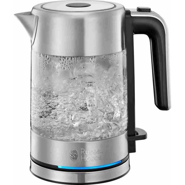 Hervidor de vidrio - RUSSELL HOBBS - Compacto para el hogar - 0,8 L - 2200 W - Ahorro de energía - Iluminación LED - Apertura automática