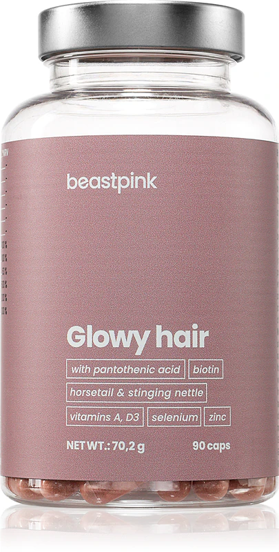 Cápsulas de suplemento alimentar BeastPink Glowy Hair para cabelos saudáveis e bonitos.