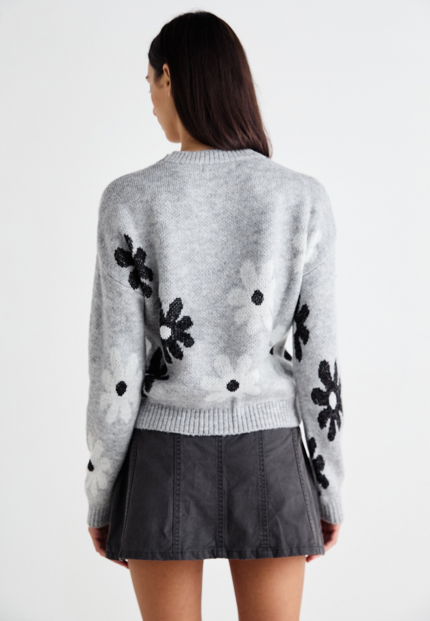 SOLO SU LFREESIA FLOWER O NECK - Maglione - grigio chiaro mélange/nero/bianco