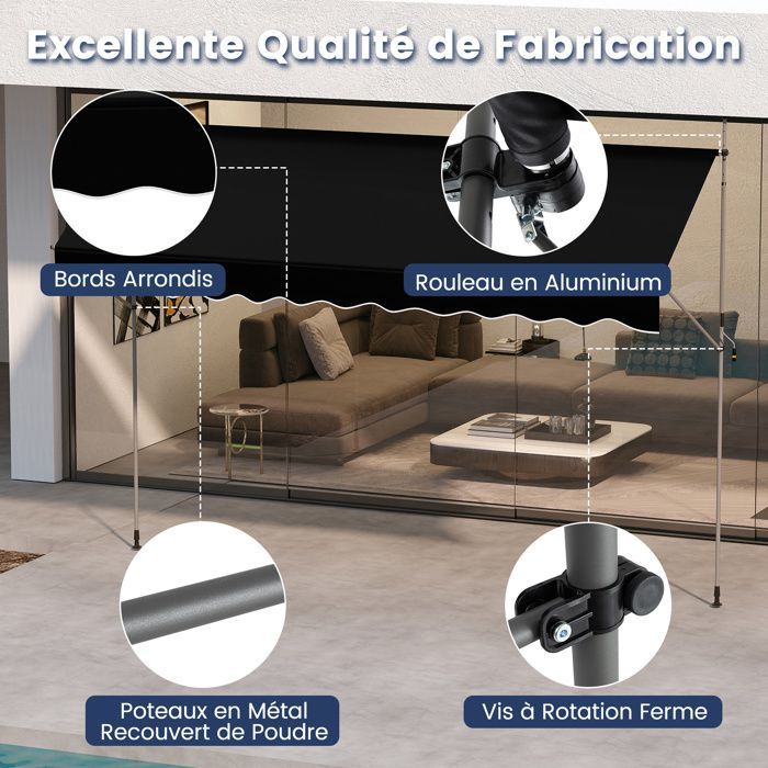 Tenda da sole retrattile manuale COSTWAY 4 x 1,2 m - Manovella, altezza regolabile 210-300 cm, nera, resistente ai raggi UV, per patio.