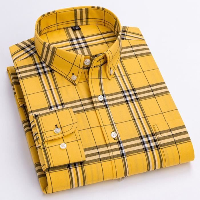 Men's Checkered Long Sleeve Shirt, Elegant Cotton Shirt with Pocket, Comfortable Fabric - Yellow