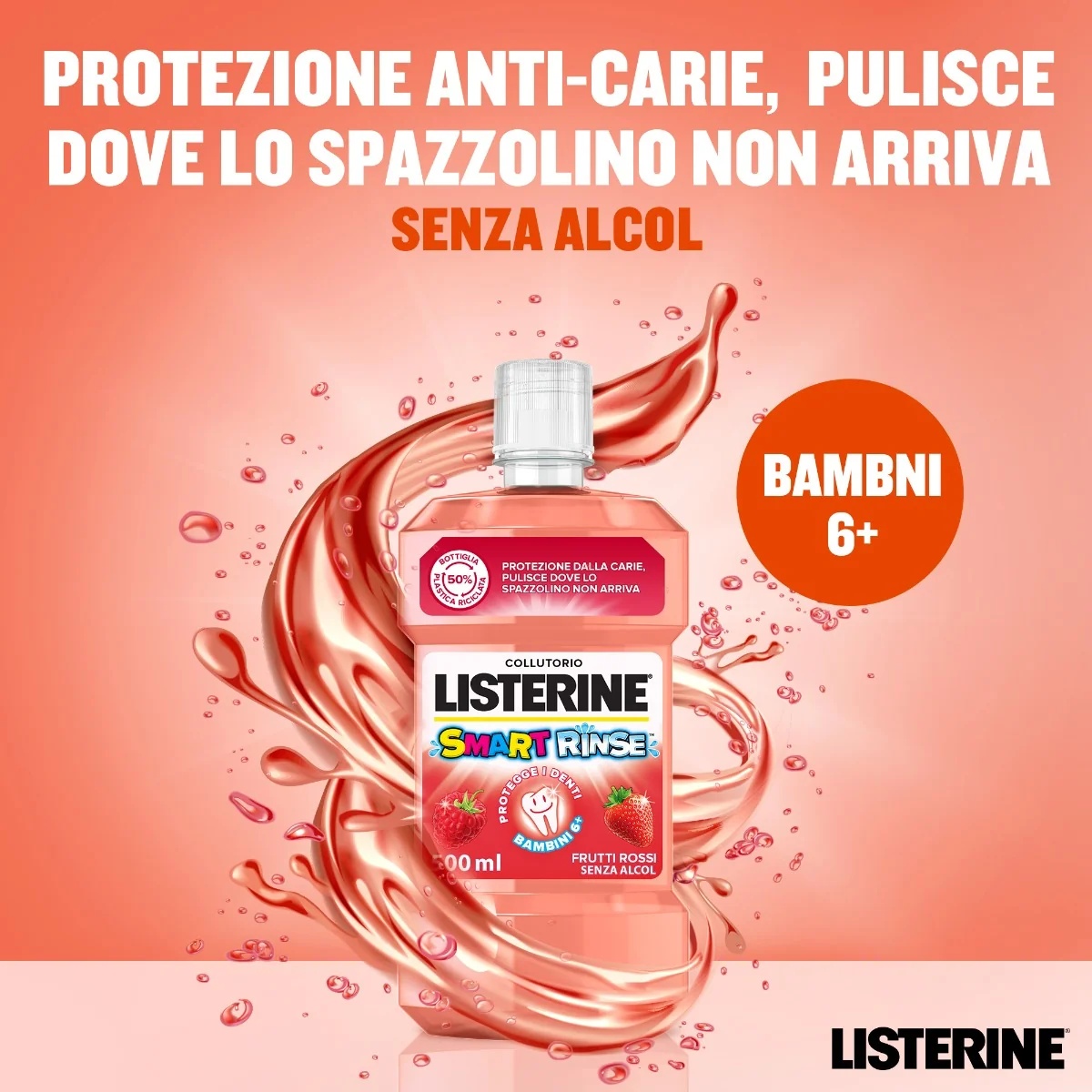 LISTERINE Listerine Smart Rinse enjuague bucal para niños 500 ml protección contra la caries dental