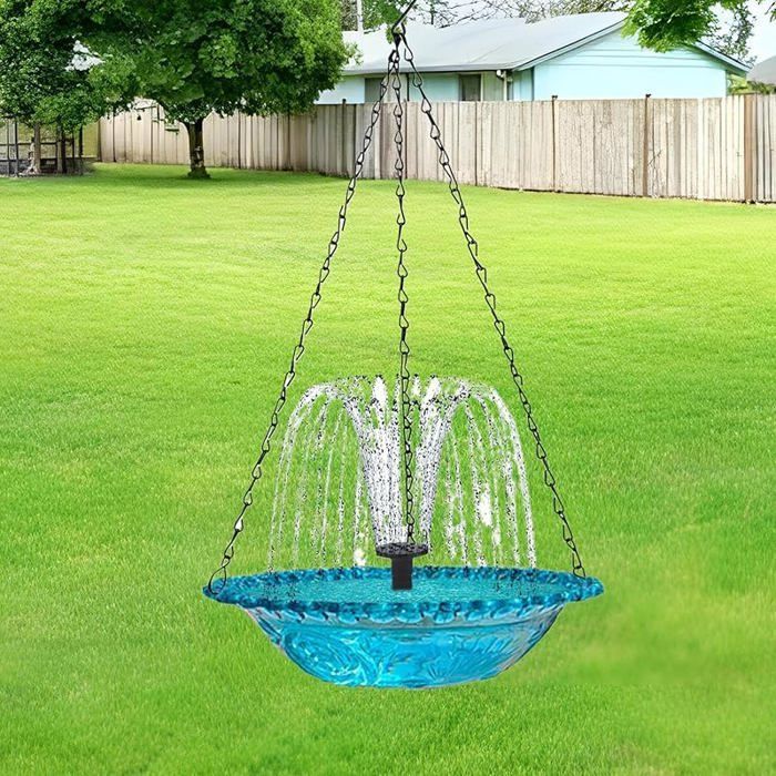 Fuente solar colgante para pájaros – Comedero decorativo para pájaros para jardín, balcón y terraza – Incluye bebedero para colibríes y caja nido azul.
