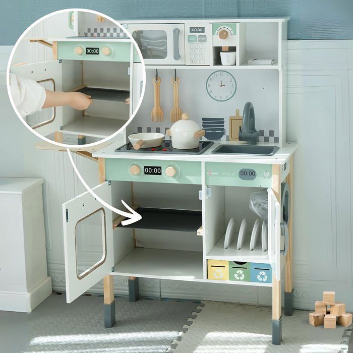 Cuisine enfant BoisMamabrum Interactive  85x 31x 97.5 cm– Hauteur réglable- Accessoires- Plaque sonore & Lumineuse