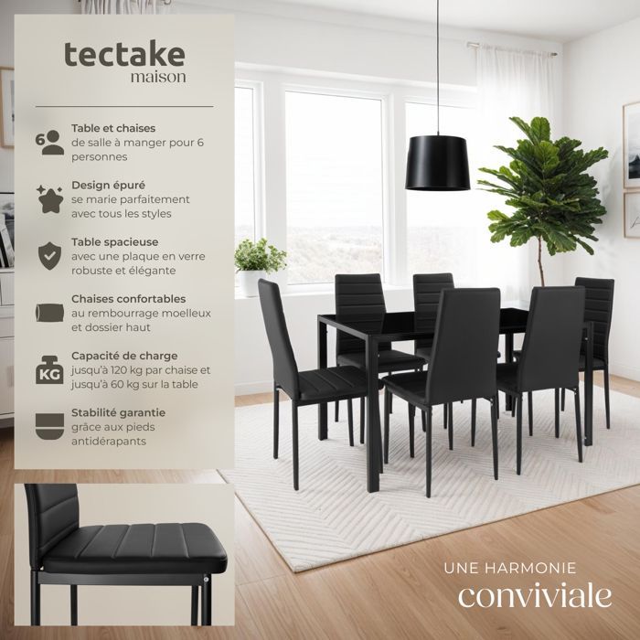 Mesa de comedor con sillas - TECTAKE - BRANDENBURG. Conjunto de comedor con 6 asientos tapizados en piel sintética - Negro/Negro