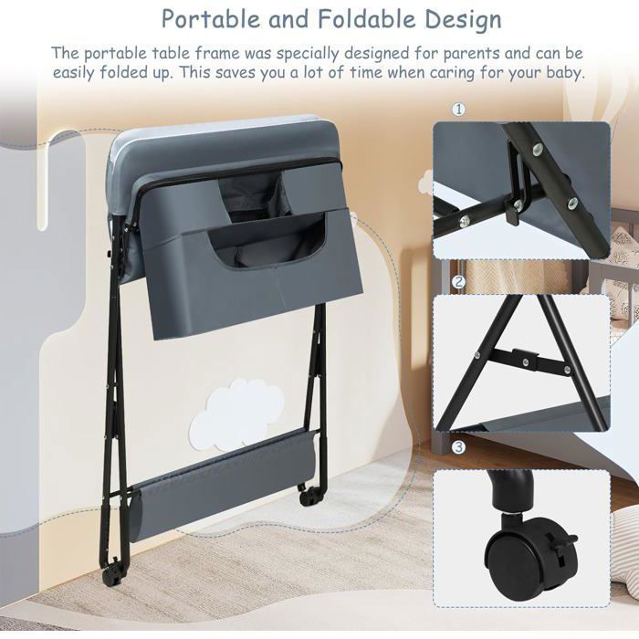 Cambiador plegable y portátil WOLTU con ruedas y cesta, altura regulable, estructura metálica, tela Oxford, gris.