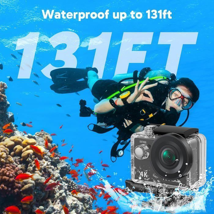 AKASO EK7000 Caméra Sport 4K 30fps 20MP WiFi avec Carte Mémoire microSDXC 128Go, Action Camera 4k Étanche jusqu'à 30M Noir