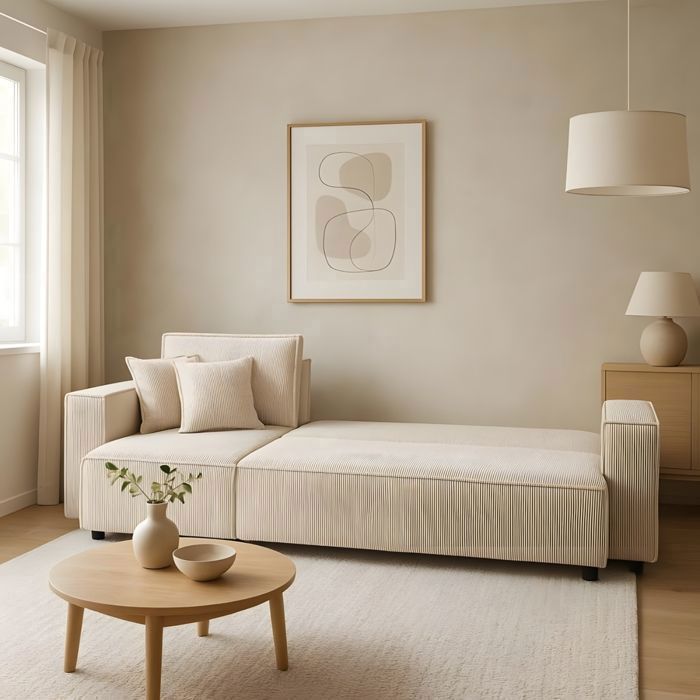 ELA 3-zits hoekbank in beige corduroy, comfortabel, omvormbaar, modern en gezellig