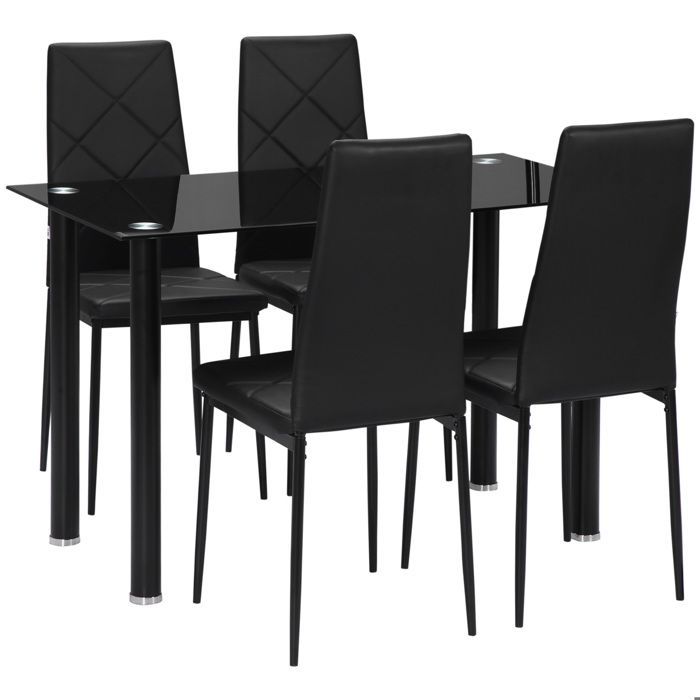Ensemble table à manger - HOMCOM - meubles 5 pièces cuisine salle à manger plateau verre trempé - acier - noir