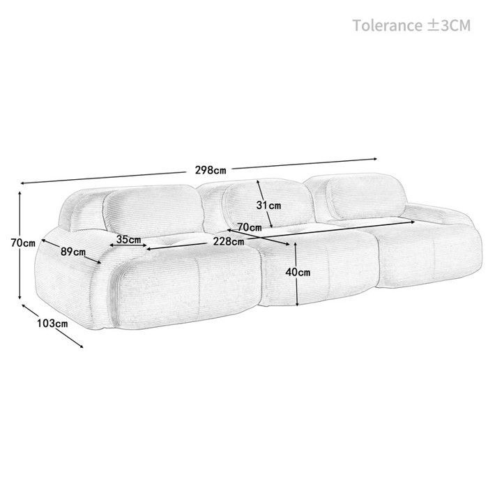Canapé 3 places modulable en velours côtelé - 298x103x75 cm - Marron - Sans montage - Accoudoirs ergonomiques