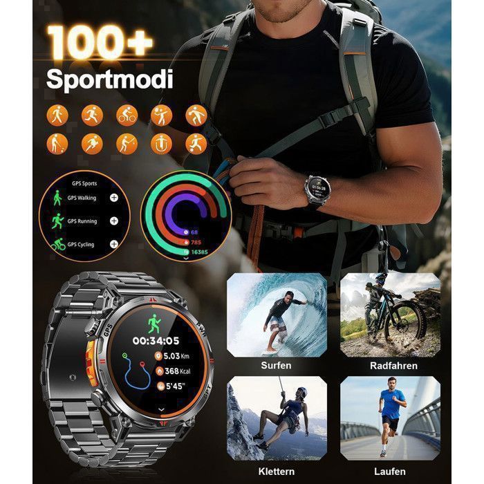 XtraDiTech Smartwatch mit GPS, Herzfrequenzmesser, Sport-Tracker, Kompass, Höhenmesser, barometrischer Anzeige, 1,56