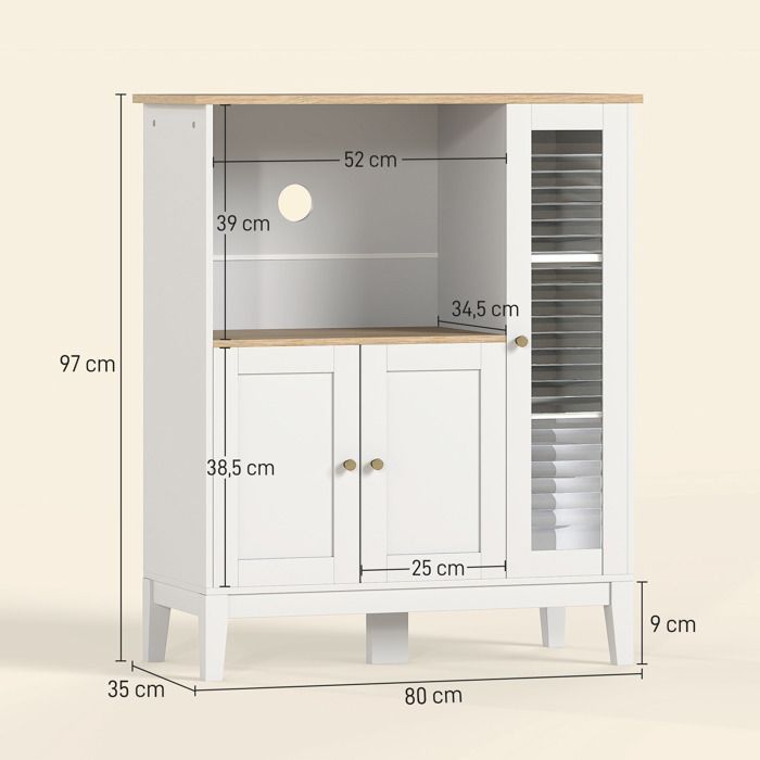 Meuble micro-ondes - HOMCOM - armoire de cuisine buffet 1 niche 3 portes verre trempé - bois verre - 80x35x97cm - blanc