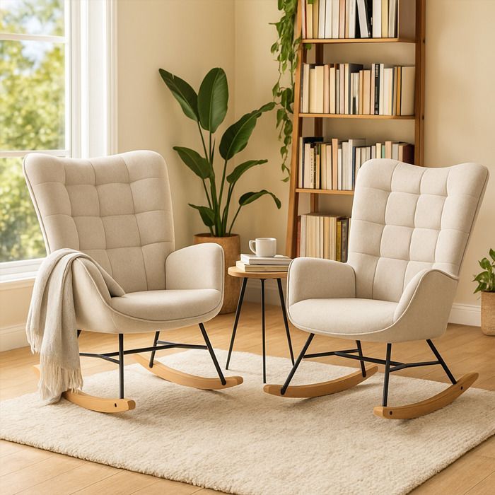 MUEBLES COSITIVOS Mecedora de lactancia escandinava con reposabrazos de tela beige con pespuntes - FUNKEL