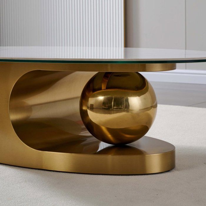 Table basse design SPHERE GOLD 130 base métal doré plateau marbre blanc