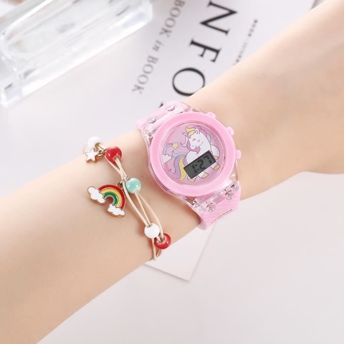 Conjunto de reloj SHARPHY para niñas + pulsera arcoíris – Unicornio digital con luz LED y correa de silicona rosa.