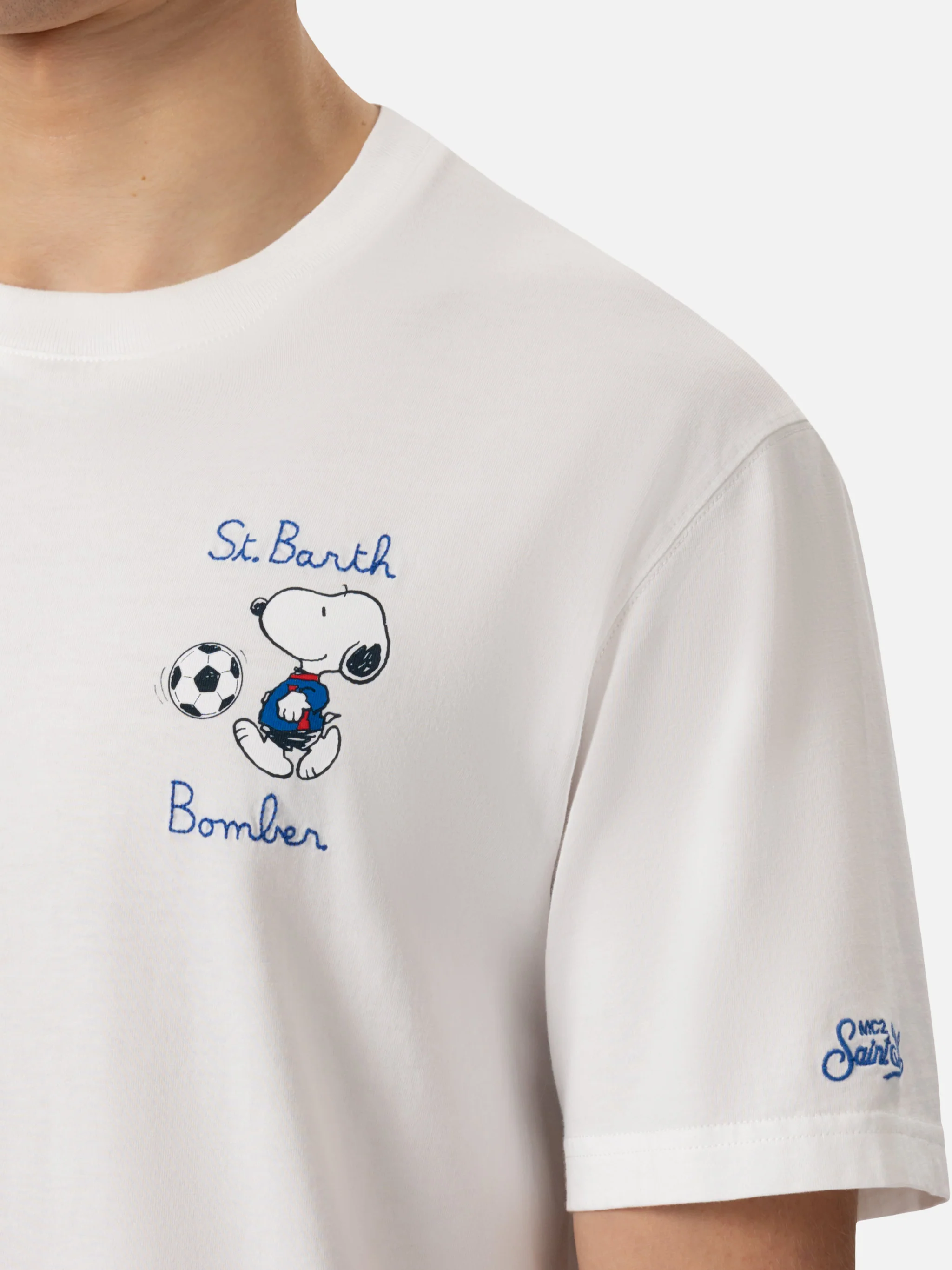 T-shirt voor heren van biologisch katoen met St. Barth Snoopy Bomber-borduurwerk | SN