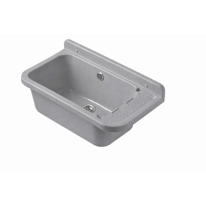 Grijze PP-wandspoelbak van 60 cm – kom van 45x25x21 cm – RVS afvoerfitting + overloop – sifon + bevestigingsmateriaal inbegrepen