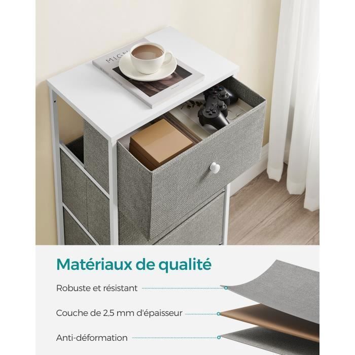 Cómoda de dormitorio de tela con 4 cajones, columna de almacenamiento, estructura metálica, gris claro y blanco.