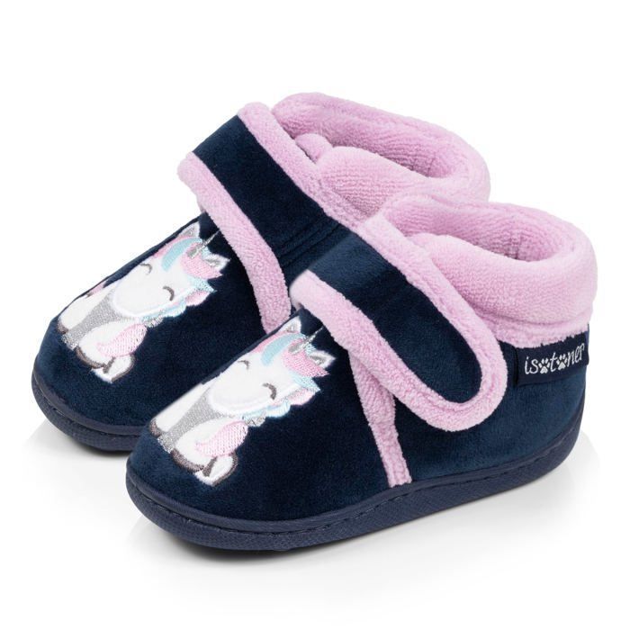 Isotoner Chaussons velours maintien renforcé, fermeture scratch, simple à enfiler marine bébé fille