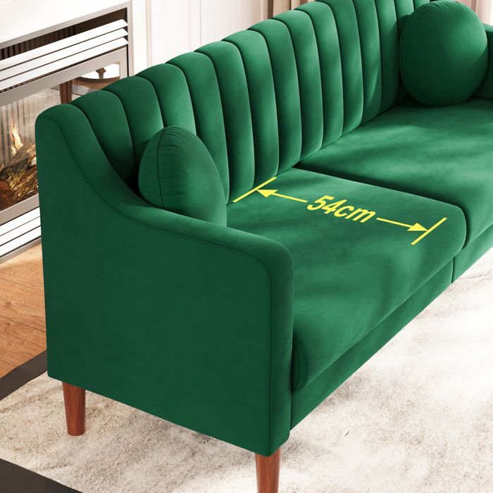 Grand Canapé 3 Places en Velours avec 2 oreillers,Canapé Scandinave pour Salon Chambre Bureau,Pieds Bois Massif,206x74x83cm,Vert