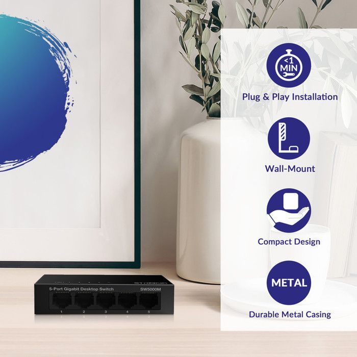 STRONG - Switch Ethernet - 5 porte Gigabit: 10/100/1000 Mbps - Estensione di rete per casa e ufficio - Facile da installare - Metallo