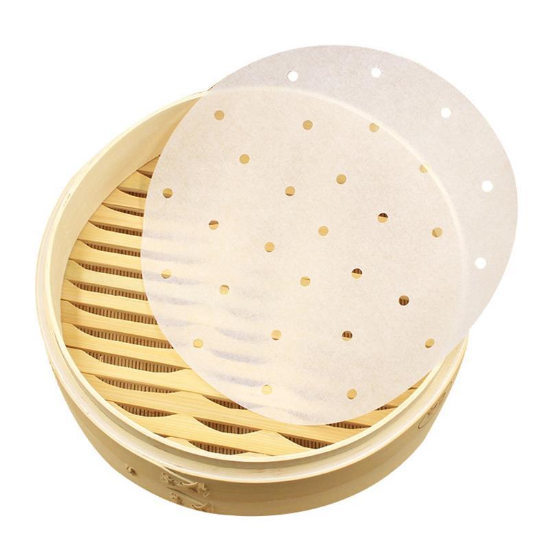 Lot de 100 tapis de cuisson vapeur en papier de pâte de bois perforé antiadhésif pour friteuse à air chaud et cuiseur vapeur.