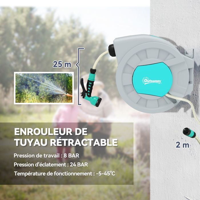 Outsunny garden hose reel - 25+2 m - wall mount + handle - 180° swivel - 7 spray patterns - grey