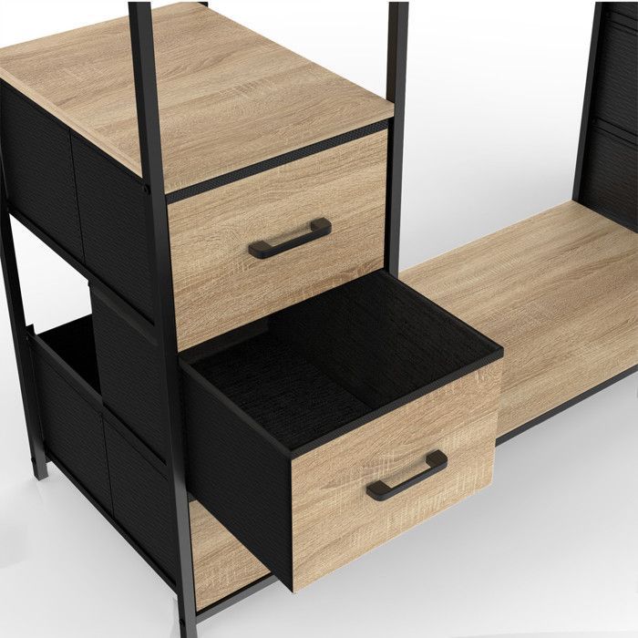IDMARKET UTAH double wardrobe + double column, 140 cm wide, with 6 shelves and 6 fabric bins in wood and black