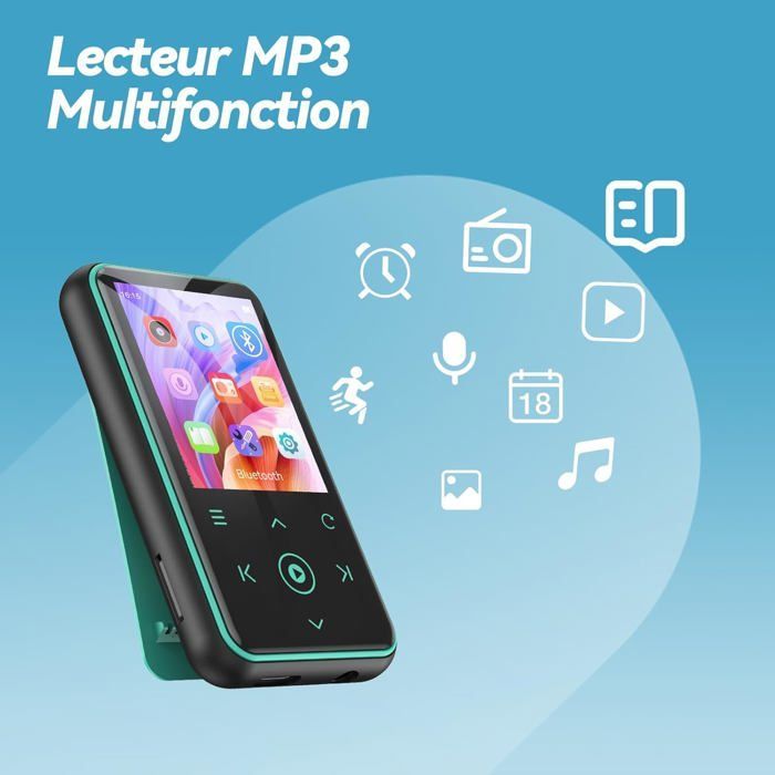 AGPTEK 64Go Lecteur MP3 Bluetooth 5.3 avec Clip, 1,8 Pouces Lecteur Musique Sport HiFi avec Radio FM/Podomètre/Enregistreur - Bleu