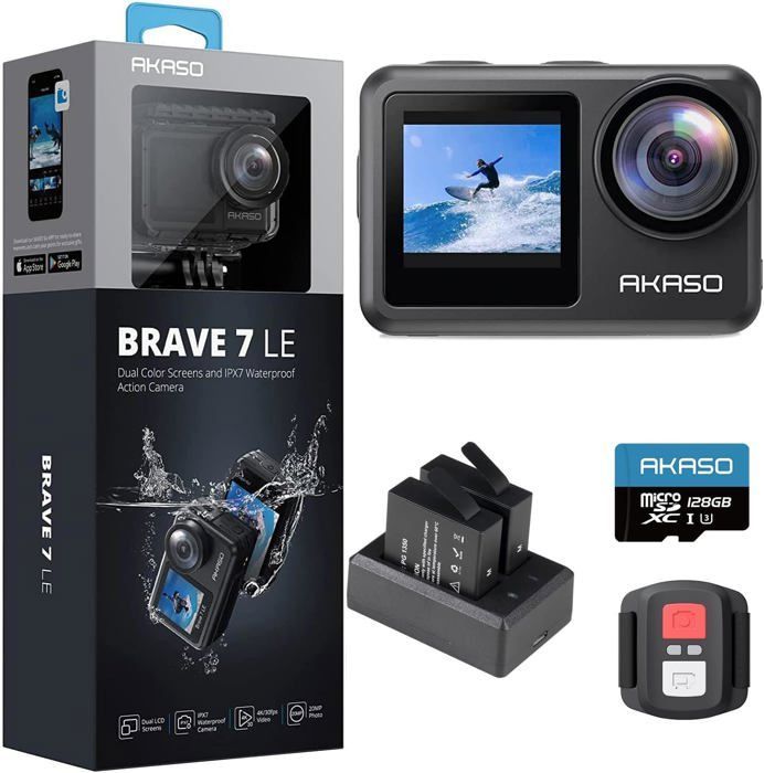 AKASO Brave 7 Le Caméra Sport avec Carte Mémoire U3 de 128Go, Action Cam 30FPS 20MP WiFi, Caméra de Plongée 40M avec Écran Tactile