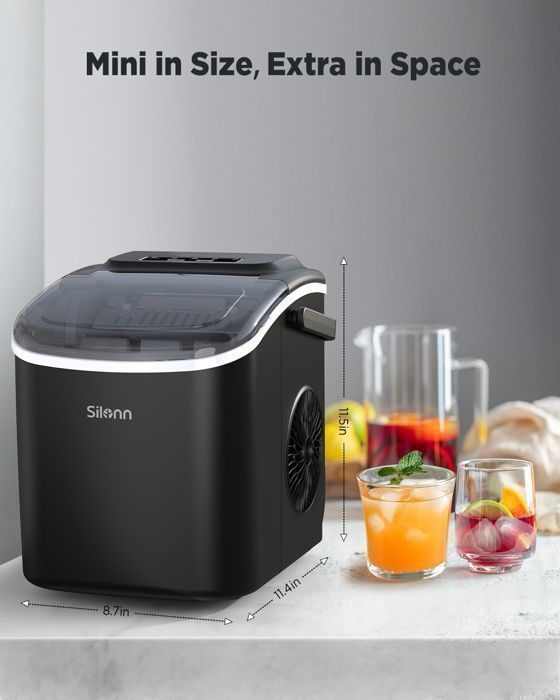 Ice Maker, Silonn, 12 kg/24h, Black, Self-Cleaning, 9 Cubes in 6 Min, 2 Sizes, Ideal for Home, Bar, Party