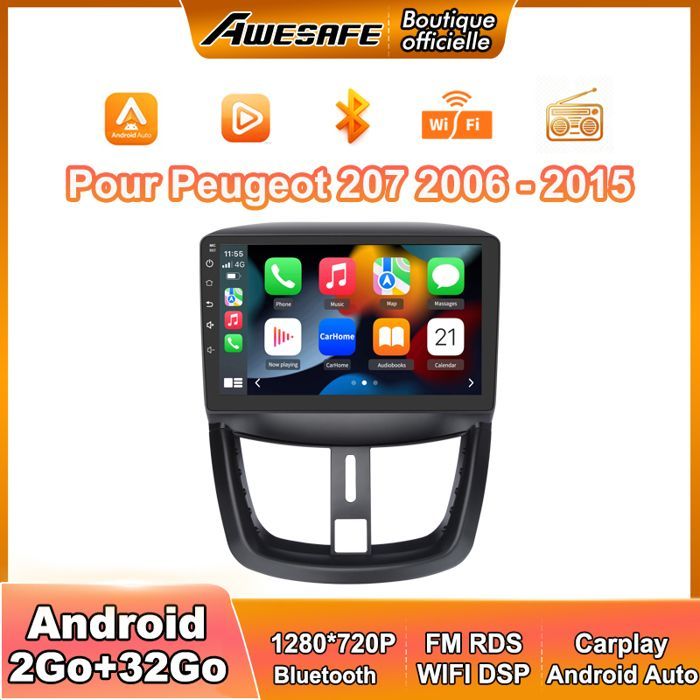 AWESAFE Autoradio Android 13 pour Peugeot 207 (2006-2015) 2Go+32Go 9'' Écran Tactile Carplay Android Auto GPS WiFi Bluetooth