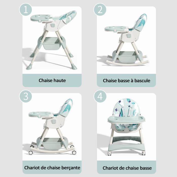 Chaise haute pour bébé enfant hauteur réglable avec harnais 5 points, Plateau Amovible, 3 en 1, Chaise Enfant à roulettes, - Vert