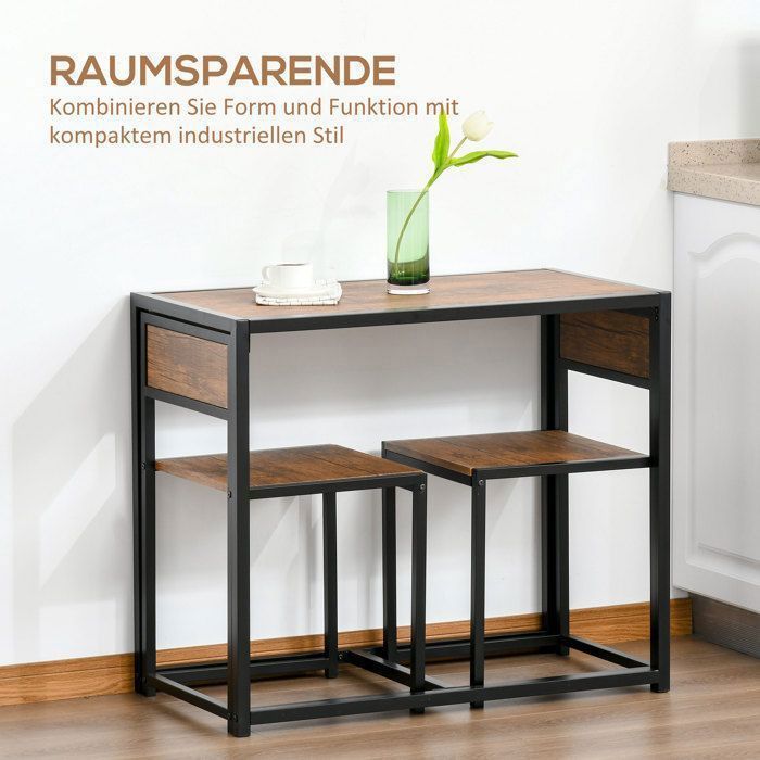 Mesa de jantar com 2 cadeiras. Conjunto de mesa de jantar. Conjunto de jantar em metal e madeira natural para espaços pequenos.